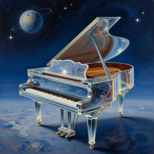 Surreal Floating Piano in Cosmic Sky
