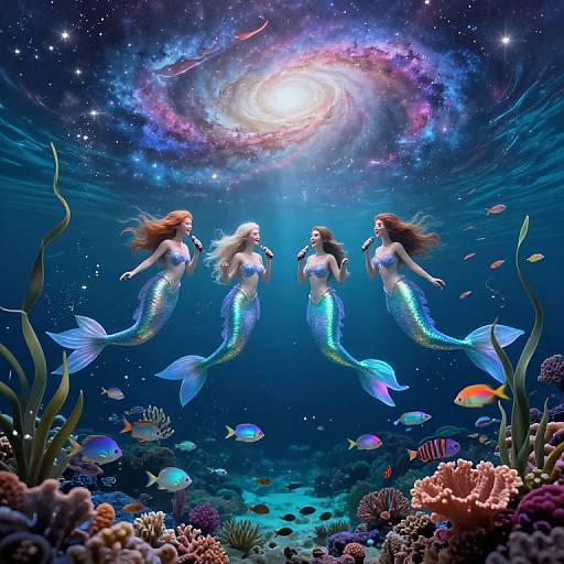 Digital artwork of three mermaids with glowing blue scales, floating underwater, surrounded by colorful coral, fish, and a swirling galaxy above.