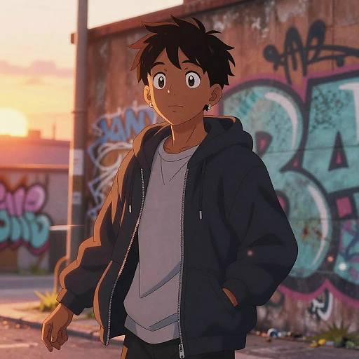 Anime Dark Skin Boy in Urban Graffiti