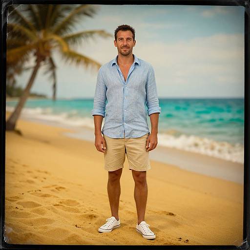 Photograph of a bearded man with short dark hair, wearing a light blue button-up shirt, beige shorts, and white sneakers, standing on a