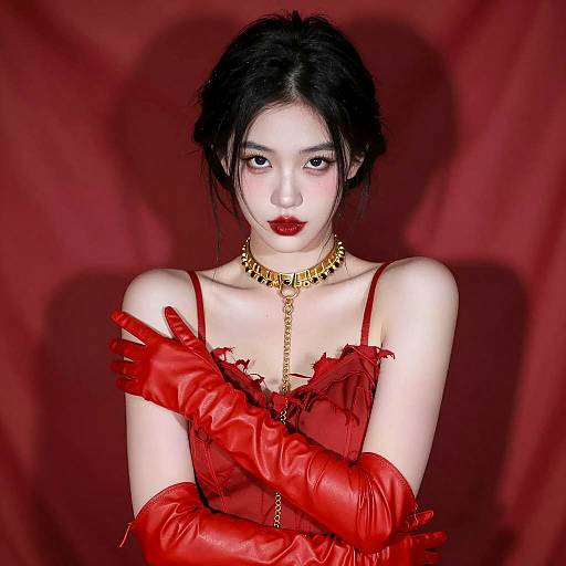 East Asian Woman in Red Dress with Gold Choker