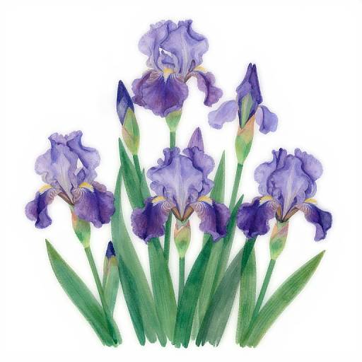 Watercolor Illustration of Purple Iris Flowers