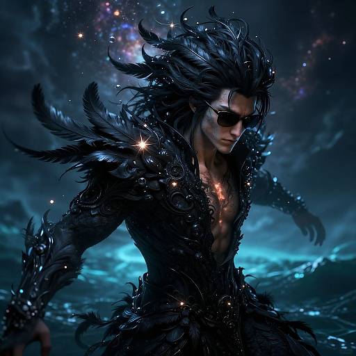 Digital artwork of a dark-haired, muscular man with black feathered armor, sunglasses, and glowing stars in a cosmic, blue-tinted background.