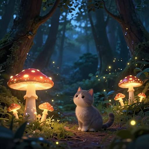 Whimsical forest scene: glowing red mushrooms, fairy lights, and a curious gray kitten sitting on a forest path at dusk.