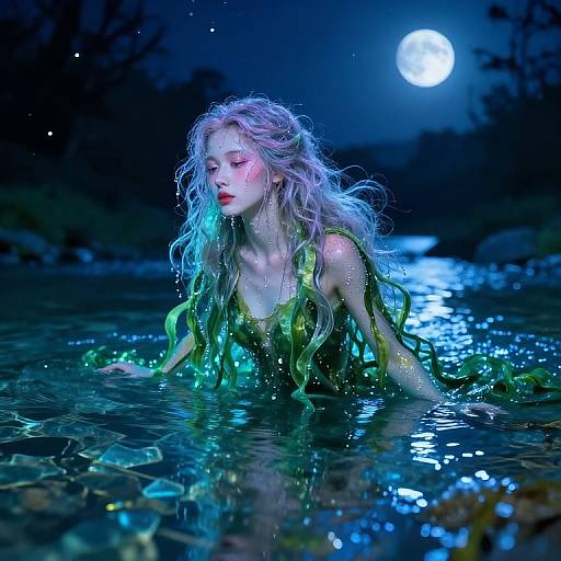 Digital artwork of a pale-skinned, blue-lit mermaid with long, wavy hair, emerging from a moonlit, reflective water at night