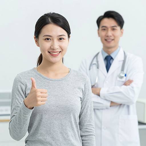 Photograph of an Asian woman with black hair in a ponytail, wearing a gray sweater, giving a thumbs-up, with a smiling Asian man in