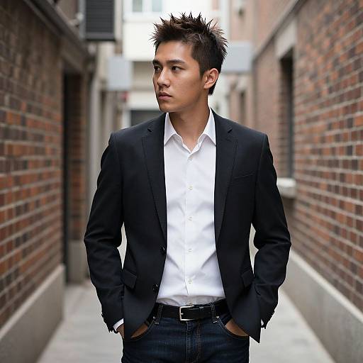 Stylish Asian Man in Urban Alley