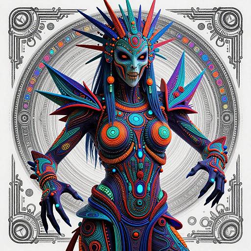 Digital art of a vibrant, cyberpunk-style, female humanoid with neon spikes, glowing circular patterns, and intricate mechanical armor against a circular, tech-themed