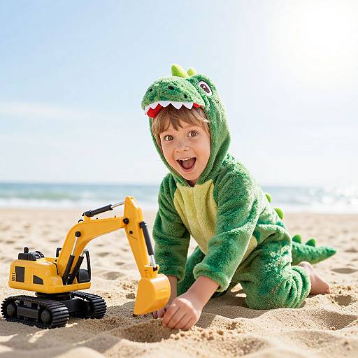 Photograph of a smiling young boy in a green dinosaur costume, playing with a yellow excavator on a sunny beach.