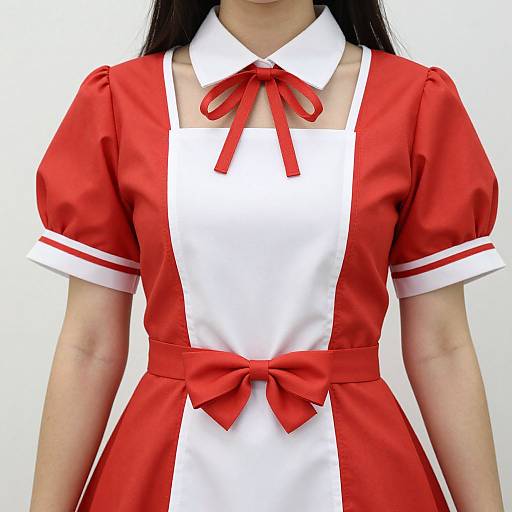 Photograph of an Asian woman wearing a red and white maid costume with puffed sleeves, red bowtie, and red bow at waist.