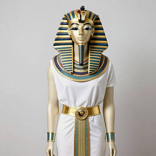 Photograph of an Egyptian-style mannequin wearing a white dress with gold and blue striped headdress, gold collar, and belt, against a plain