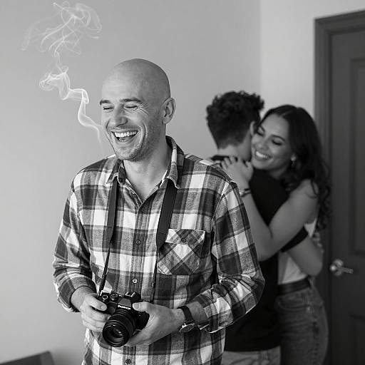 Laughing Photographer with Embracing Couple