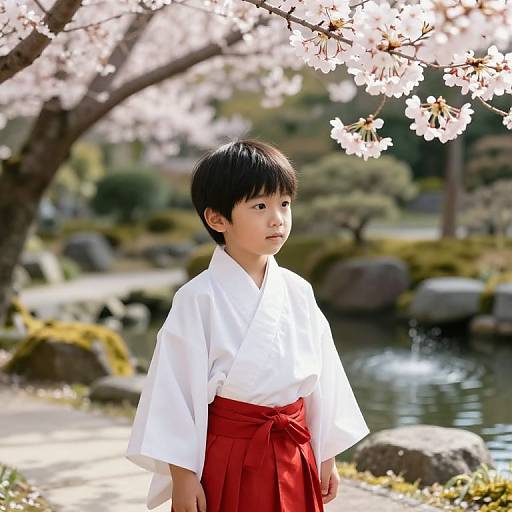 Serene Boy in Cherry Blossom Garden