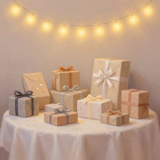 Photograph of neatly wrapped gifts in beige, white, and light brown paper with ribbon bows, on a round white table, under warm fairy lights.