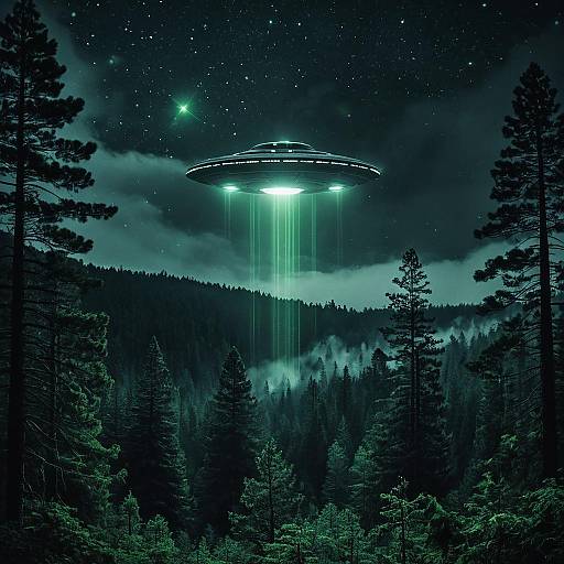 UFO Hovering Over Misty Pine Forest at Night