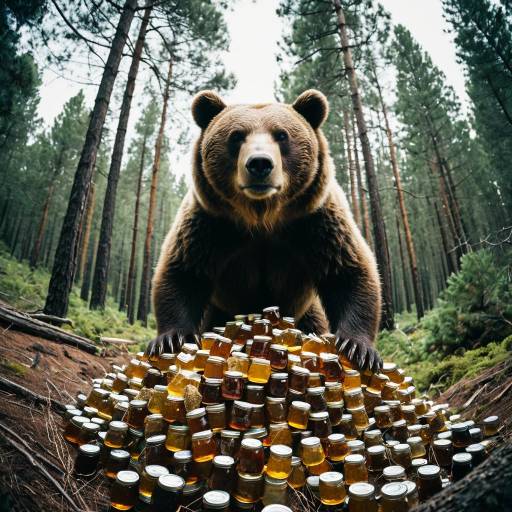 Brown Bear Guarding Honey Jars in Pine Forest Brown Bear Guarding Honey Jars in Pine Forest
