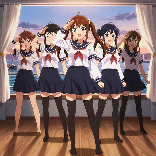 Anime School Girls Saluting on Ship Deck