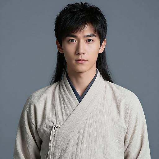 Photograph of an East Asian man with long black hair, wearing a white, textured, kimono-style robe, against a plain blue-gray background.
