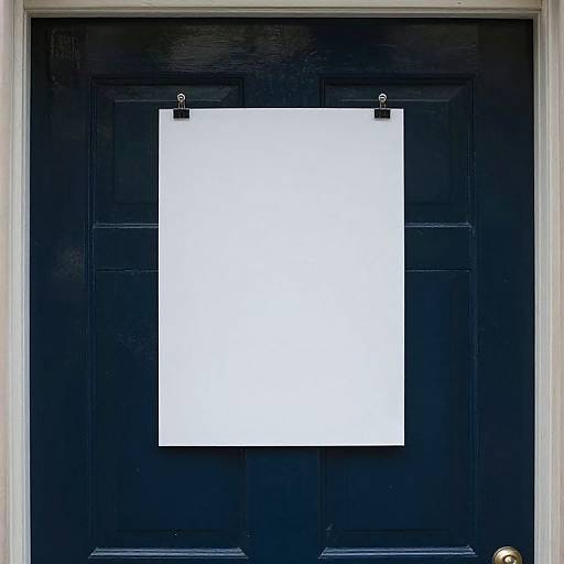 Photograph of a blank white sheet of paper, clipped to a dark navy blue, paneled door with a silver doorknob.