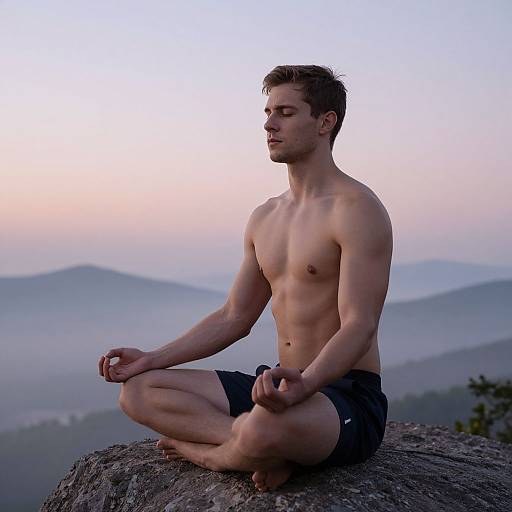 Photograph of a muscular, shirtless young man with short brown hair, meditating in a lotus position on a rocky mountain peak, wearing black