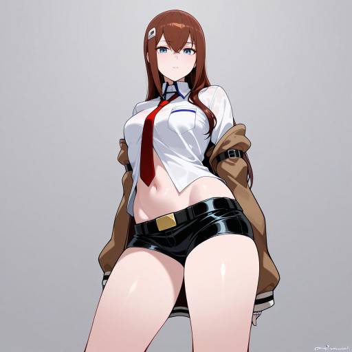 Confident anime woman in short shorts and shirt