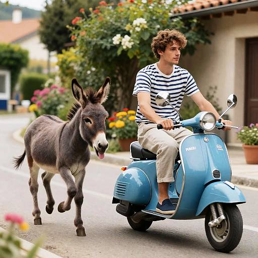 Breton-Clad Rider and Playful Donkey