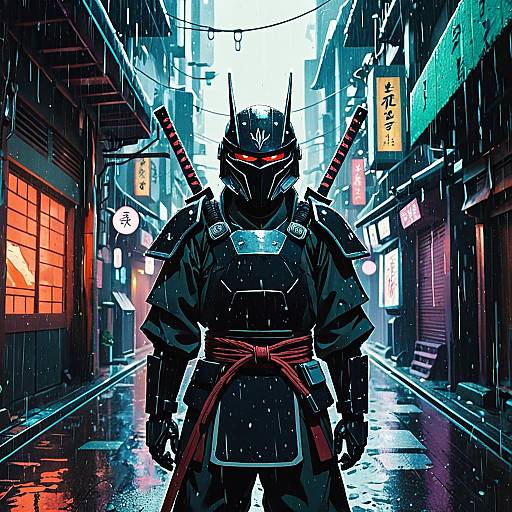 Android Samurai in Neon Rainy Alley