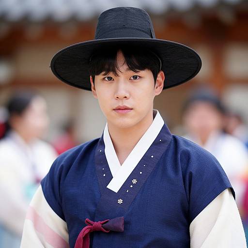 Photograph of a young Asian man with fair skin, black hat, and navy traditional Korean attire, standing outdoors, blurred background.