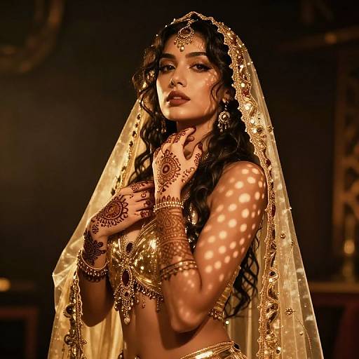 Photograph of an Indian woman in golden bridal attire, adorned with intricate henna, jewelry, and a sheer veil, illuminated by warm, patterned