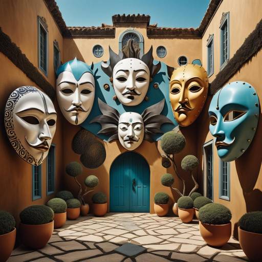 Surreal Whimsical Courtyard with Masks Surreal Whimsical Courtyard with Masks