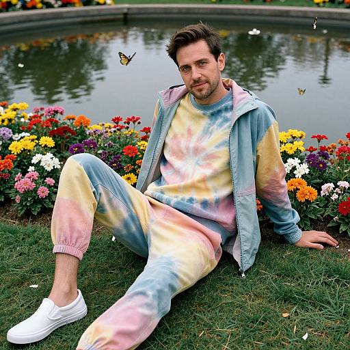Photograph of a bearded man in pastel tie-dye hoodie and pants, white sneakers, sitting on grass by vibrant flowerbed and pond,