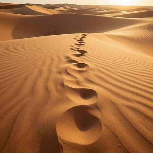 Golden desert sand dunes with rippled patterns and a winding shadow trail, illuminated by a setting sun, creating warm, glowing textures.