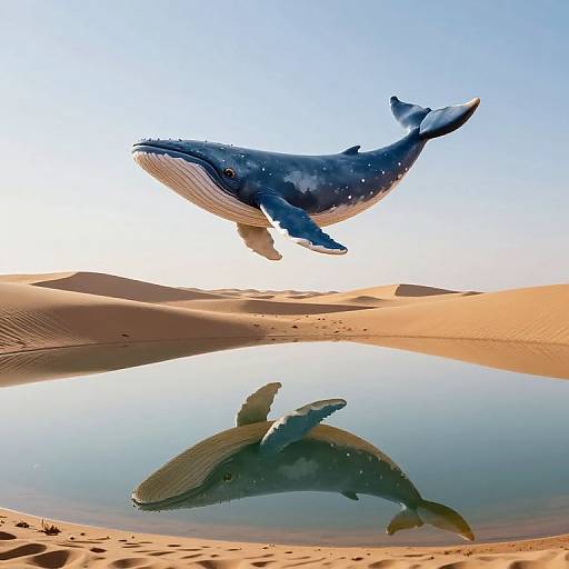 Photograph of a blue whale with a reflective pool in a desert, creating a mirrored image of the whale above the water.