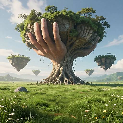Fantastical digital artwork of a giant hand-shaped tree with roots, lush green foliage, floating islands, and a vibrant, sunlit meadow.