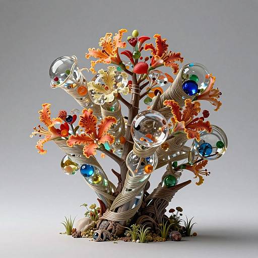 Photograph of a vibrant, abstract tree sculpture with twisted branches, colorful glass orbs, and orange flowers, set against a grey gradient background.