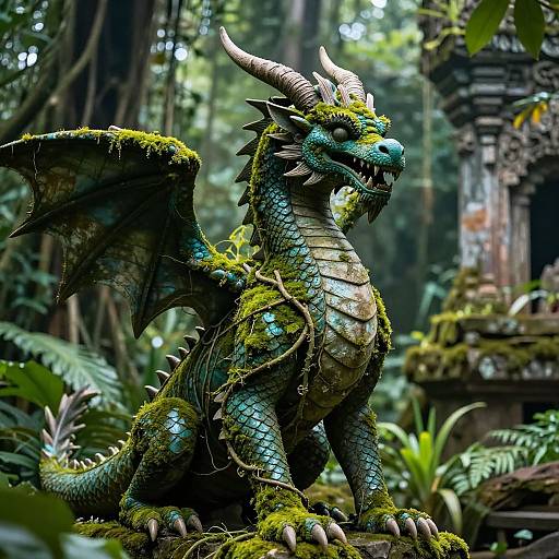 Photorealistic CGI of a moss-covered, green dragon with blue scales, sharp horns, and outstretched wings, standing in a lush, jungle