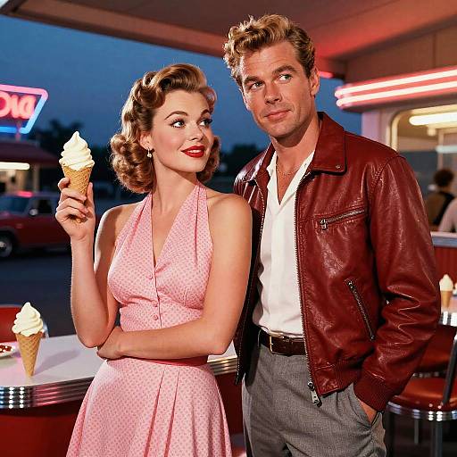 Photograph of a 1950s-style couple at a diner; woman in pink polka-dot dress holding ice cream, man in leather jacket and