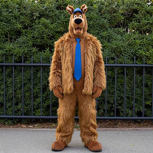 Photograph of a person in a brown furry bear costume with a blue tie and blue headband, standing on a sidewalk in front of a black fence
