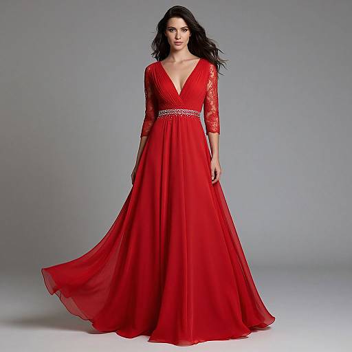Elegant Woman in Red Lace Prom Dress
