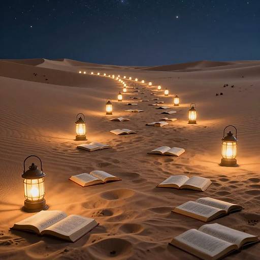 Photograph: Desert night scene with a glowing lantern-lit path of open books stretching into starry sky over sand dunes.