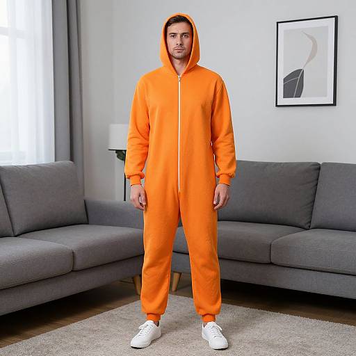 Photograph of a man in an orange onesie with hood, standing in modern living room, gray sofas, white shoes, abstract art on wall.