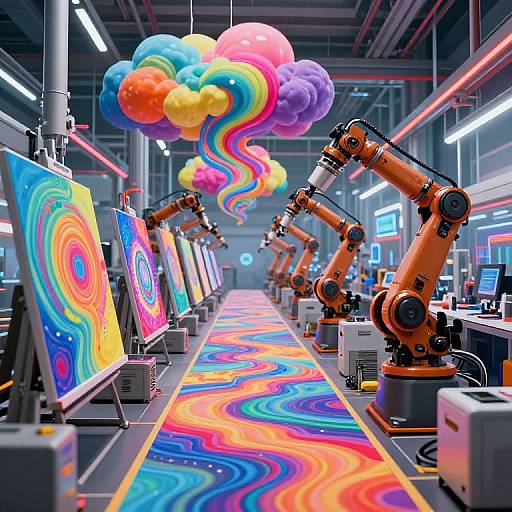 Digital art studio with vibrant, swirling rainbow patterns on canvases, tables, and floor. Multiple robotic arms paint, colorful balloon-like lights hang overhead,