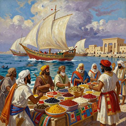 Vibrant painting of ancient Middle Eastern market by the sea, with six men in traditional robes and headscarves, bargaining over colorful fruits and spices