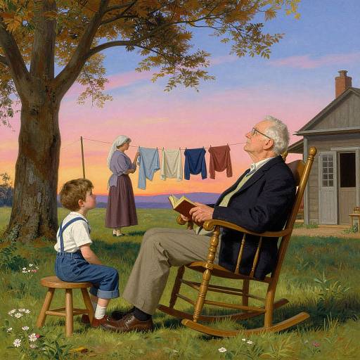 Photograph-style painting of grandfather in rocking chair, grandson on stool, grandmother hanging laundry at sunset, rural farmhouse, tree, vibrant sky.