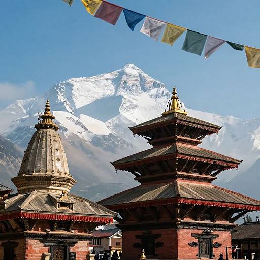Photograph of Nepal's Boudhanath Stupa with snow-capped Mount Everest, colorful prayer flags, and traditional red-brick and gold-t