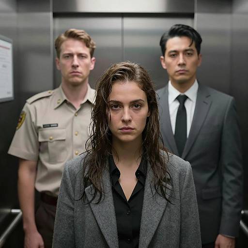 Three people in elevator with serious expressions