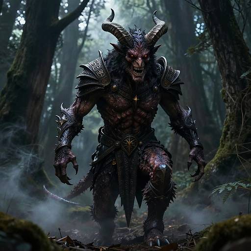 Digital artwork of a muscular, demonic creature with black, spiked armor, glowing red eyes, and large horns, standing menacingly in a dark, mist