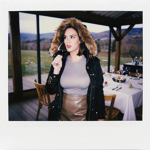 Photograph of a fair-skinned woman with brown hair in a fur-trimmed black coat, grey top, and beige skirt, standing indoors by