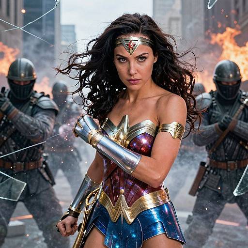 Photorealistic digital art of Wonder Woman with long black hair, in golden tiara, red and gold armor, and blue skirt, facing armed soldiers