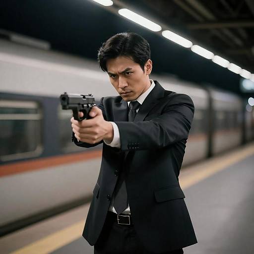 Man in Suit Aiming Gun on Train Platform